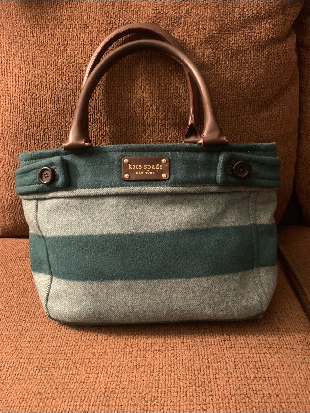 kate spade Green Stripe Wool Tote with Brown Handles